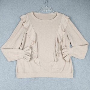 Womens Sweater Large Khaki Tight Knitted Ruffle Detail Long Sleeve Crew Neck